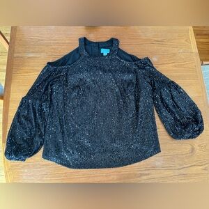 CeCe Black Sequin Blouse with Cold Shoulder